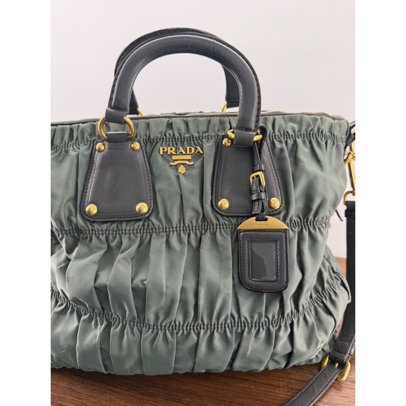 Prada Handbags - Prada Tessuto Gauffre Ruched Nylon Leather Satchel Bag Green Black Gold Hardware